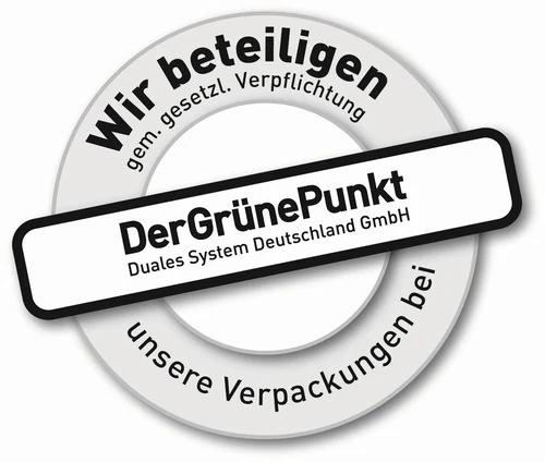 Siegel: Wir beteiligen gemäß gesetzlicher Verpflichtung unsere Verpackungen bei Der Grüne Punkt